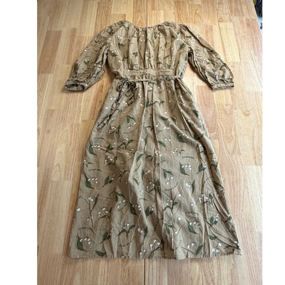Cottagecore Chic Midi Linen Blend Simple Retro Tan Floral Puff Sleeve Dress S